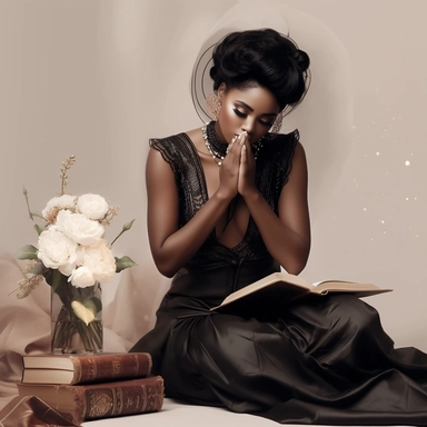 A beautiful black woman fashionista praying on her knees with the bible next to her, feminine, chic, elegant, posing, with a macro lens, clip art seed