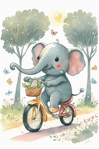a very cute and happy smiling baby elephant with big eyes riding a bike going on a picnic, Atmosphere: a playful whimsical scene that is sure to bring joy to any child's bedroom or nursery, style of Beatrix Potter, cartoon, watercolor, Disney Pixar style, pastel colors, as in a children's book, clipart, hd, 16k, 4k, isolated on a white background, white margins, nursery, flat design, flat style, simple, minimalistic,