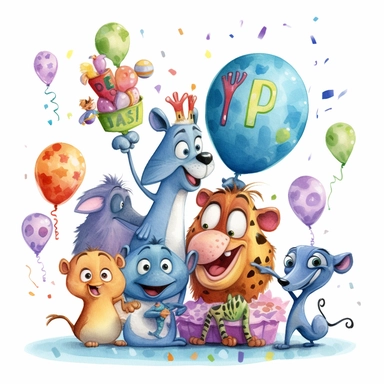 Theme: watercolor clipart | Concept: happy birthday | Emotions: cute, happy, celebrating , joy, funny | Scene: animals laughing | Style: pixar style | ultra detailed