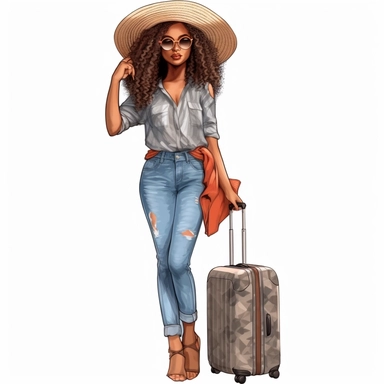 full body clip art+3 friend black Nubian woman+ long wavy hair+ kawaii+ standing next to suit case+ multiple traveling bags+ legs crossed at ankles+ high heels+skinny jeans and nice shirt+big hat+vacation vibes+detailed+ niji 5+ uhd+ png clipart+ airport