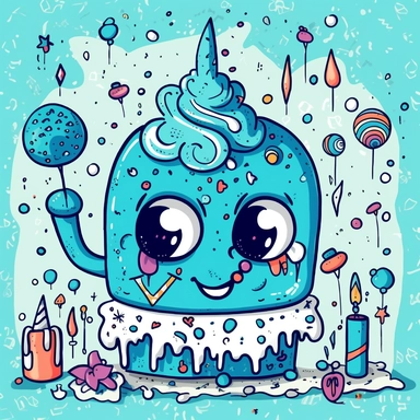 a birthday sign kawaii clipart, in the style of turquoise and azure, absurd doodle, primary colors, caricature-like, rough edges, collaborative, marbleized