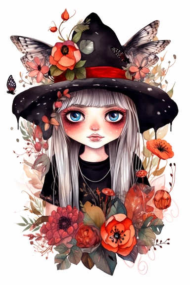 small and cute witch with big eyes and cute fairy ears, black flowers, red flowers, water elements, with bugs, with birds, overcute, looking to the camera, clipart, watercolor, summer flowers at the bottom, cute, love vibes, summer vibes, png, highly detailed,