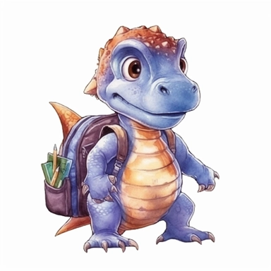 High resolution, cute baby T-rex dinosaur with backpack to school, watercolor clipart, white background for removing background