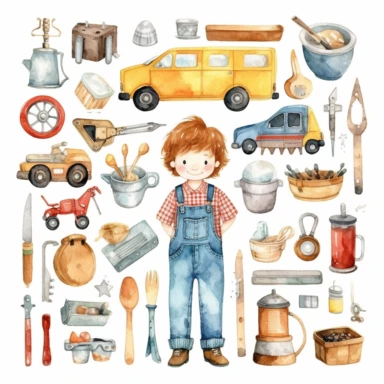 cute kawaii car mechanic, repairman tools, watercolor white background clipart set single elements with margin car mechanic, repairman tools
