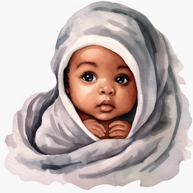 Watercolor cute new born black baby on a cute blanket, clipart, singel clipart, High resolution, white blanket, 8k