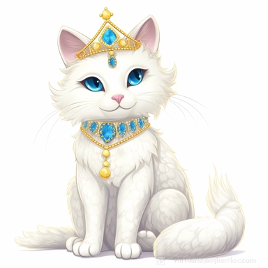 make a clipart of beautiful white fluffy fairytale cat standing wearing a jeweled tiara, gold with bright blue gemstones, white background