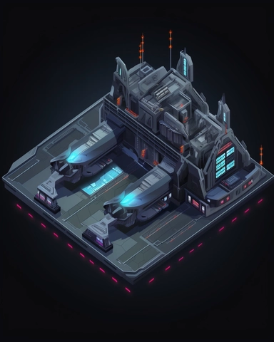 isometric perspective, game sprite, futuristic small spaceship hanger concept, gaming asset, sci-fi, fun, creative, cartoon, clipart, hyper-detailed, black background,