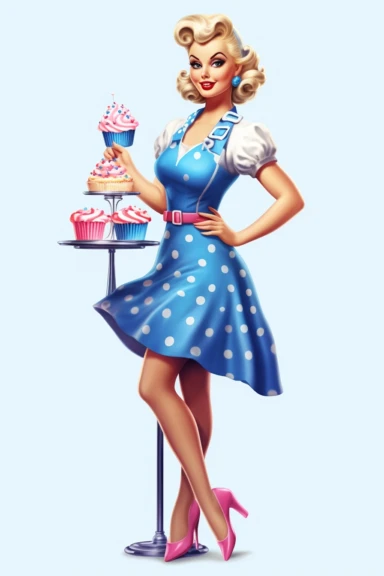full body shot of a posing housewife against white background, in the style of vintage-inspired pin-ups, realistic figures, polka dot madness, neon indigo and blue, against qhite background clipart png