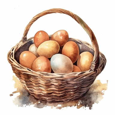 watercolor basket full of plain brown chicken eggs clipart white background