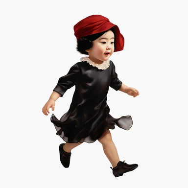 Singer Yoko Ono as a 2 year old toddler, wearing a classic black satin chanel dress, red shoes, red velvet bowler hat, gold silk scarf, dancing, irradiant facial expression, plain white background, clipart