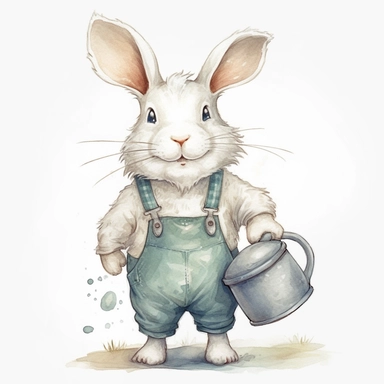 Cute fluffy white rabbit holding milk churn clipart,chibi,smile expression,wear farmer jumpsuit,walking pose, side view, in the style of watercolor cartoon clipart, kate greenaway style,pixar style, high resolution, composition free space, pastel color scheme, soft and tender, watercolour clipart, watercolor illlustration for kids and children,isolated white background, clipart most popular on etsy, book illustration, featured on dribble,print on demand image, PNG tranparent background,detailed 