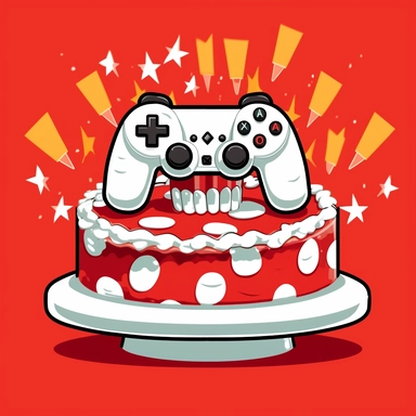 black and white cartoon style clipart of a generic video game controller and birthday cake mashup solid red background