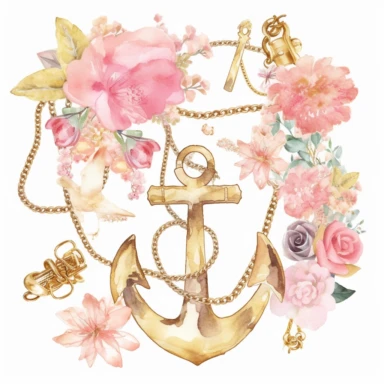 individual Boho Ship's anchor chain Nautical Clipart watercolor in the style of light pink and light gold, digital art techniques, sparkle core, whimsical sculptures, gold leaf and gilding, romantic themes. flowers pink and gold colors clipart in the style of ethereal watercolors, dye-transfer, creative commons attribution, light gold and pink, soft light, gold out line , white background, bronze color, white background