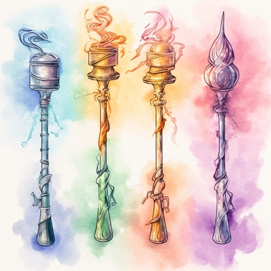 Spooky witches wand clipart image, in the style of mystic mechanisms, subtle pastel tones, pencil art illustrations, soft pastel tones, reimagined by industrial light and magic, litho printing, illusory images, watercolor clipart