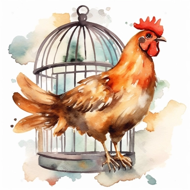 An endearing watercolor Hen bird clipart of Hen bird in cage 300DPI