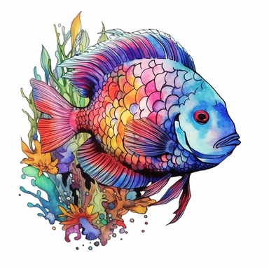 rainbow fish and coral illustration clipart, detailed, black outline, white background, 4k, watercolor, digital art