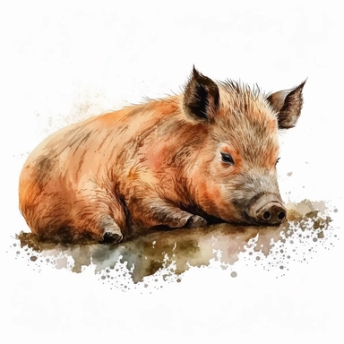 cute wild boar, watercolor clipart, realistic, childlike animal illustration, isolated on white background, Beatrix Potter, clean blended strokes, lying down
