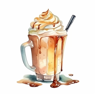 a cup of frapuccino with cream on top,clean image, clipart on white background, watercolor