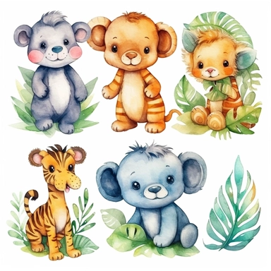 Watercolor baby jungle animals , illustrations clipart set, simple , cartoon elements, different variants , , separate elements with a margin
