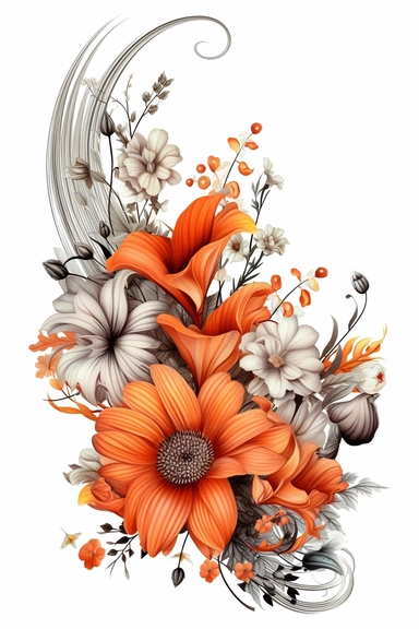 flower corner freebie floral border clipart, in the style of black and white realism, orange and gray, uhd image, tattoo, monochromatic paintings, contemporary fairy tale, eye-catching detail