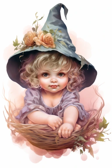 clipart, realistic newborn witch, pastel colors, vintage style