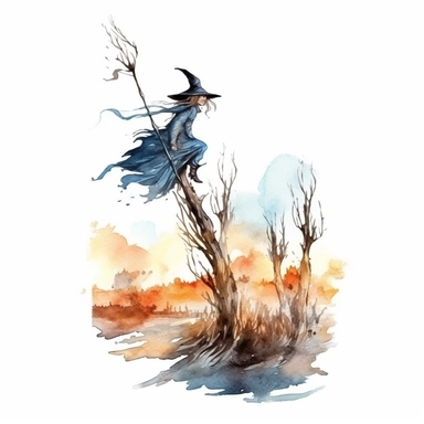 watercolor style, Witch on the broomstick: A long, slender broomstick associated with witches and their transportation. clipart, isolated on white background, 4K