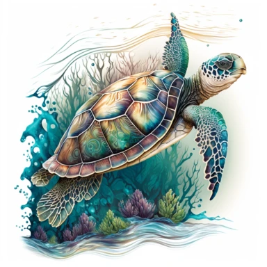 Create a serene and captivating clipart image of a majestic turtle, showcasing its grace and beauty. The artwork should be clean with a focus on the intricate details and soft blending of beautiful colors. The turtle should be depicted in a peaceful and calm manner, radiating a sense of tranquility. The colors chosen should be harmonious and visually pleasing, capturing the essence of the turtle's natural environment. The background should be white or transparent, allowing the turtle to be the m