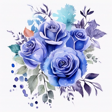 water color clipart blue and purple roses white background 8k