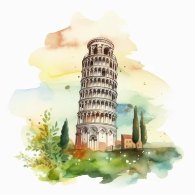 Leaning Tower of Pisa Watercolor: A whimsical watercolor clipart featuring the iconic Leaning Tower of Pisa, known for its famous tilt, and surrounded by a scenic landscape. (Watercolor, no background)