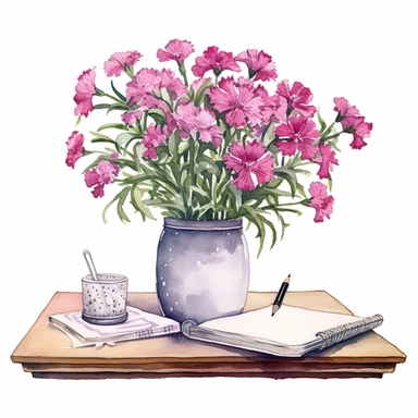 Dianthus surrounding desk, watercolor, white background, clipart
