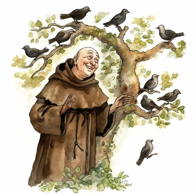 medieval smiling older friar Tuck looking up at happy birds in a tree watercolor clipart no fonts, no words, no letters