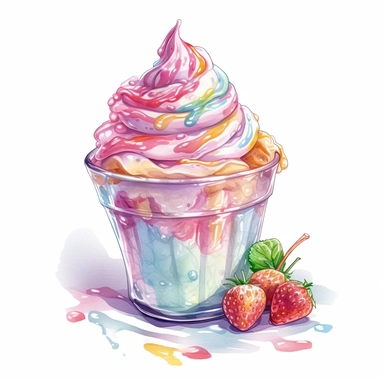 a drawing of a dessert featuring candy and whipped cream, in the style of pastel toned, shiny/glossy, colorful fantasy realism, caffenol developing, warmcore, #screenshotsaturday, rubens, white background, isolated, free brushstrokes, watercolor illustration, clipart,