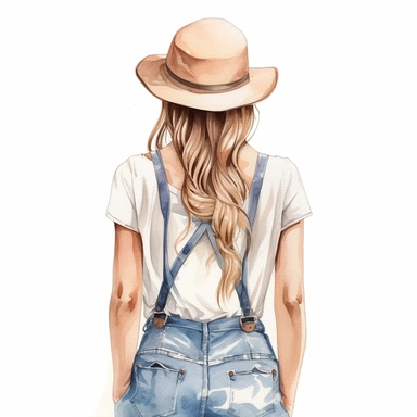 Girl in hat with pigtail, girl back in blouse and jeans, fashion girl summer, instant download, fashion girl clipart, follow your dreams