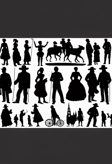 diverse silhouettes of people, enigmatic, whimsical, victorian,active, black and white clipart collection, white background