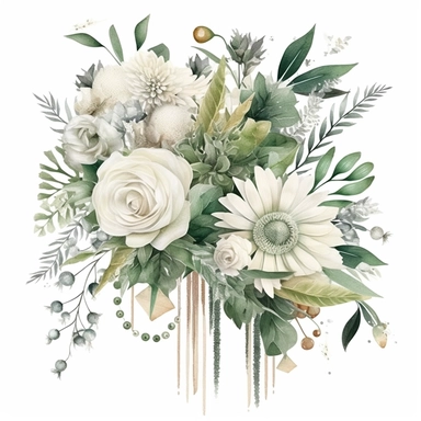 one watercolor wedding bouquet cliparts on a white background, in the style of light green and white, intricate floral arrangements, white and bronze, intricate embellishments, sterling silver highlights, bold traditional, blurry details , no watermark, text, 300 DPI , typography, shapes do not stick together, no text in the picture, on a white background