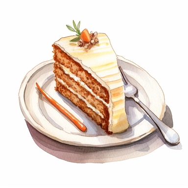 carrot cake on the plate, loocks yummy, silver spoon, watercolor-style, soft pastel, cinematic, romantic, detailed, illustration, white background, clipart, no watermark, no logo, no text,