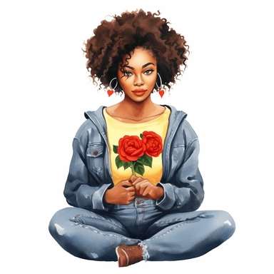 ultra detailed Black Girl Self Love Clipart, solid white background, cozy outfit, beautiful, super cute , super hot, self love, peaceful, heart, watercolor, floral, contour, PHOTOREALISM portrait , by ANIMATION