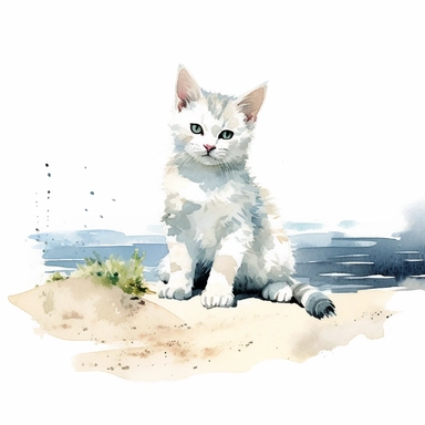 happy kitten on the beach, watercolor painting by WINSLOW HOMER, clipart, isolated pure white background