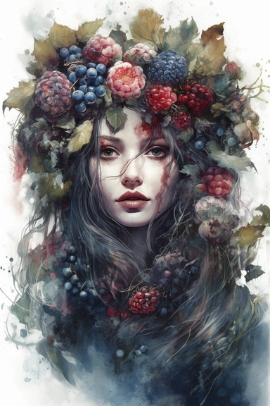 watercolor mixed media overgrown with flowers and raspberries and blueberries and moss beautiful witch, masterpiece by Ryohei Hase, PNG clipart, isolated on white, extreme photorealistic details, 32k HD resolution, realistic high detailization high resolution