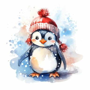 A lovable penguin wearing a Santa hat and a big smile, standing on an icy surface, surrounded by snowflakes and a snowy backdrop, ornamental watercolor clipart