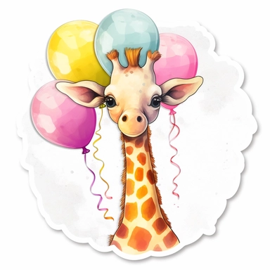 a detailed colorful vector Clipart sticker of a beautiful baby giraffe holding balloons with a white background, pastel light colors, fall colours, gold ropes, photorealistic,cinematic, Cinematic, Color Grading, Editorial Photography, Photography, Photoshoot, Shot on 70mm, Ultra-Wide Angle, Depth of Field, DOF, Tilt Blur, Shutter Speed 1/1000, F/22, Gamma, White Balance, Neon, Light, Dark, Light Mode, Dark Mode, High Contrast, 5D, Multiverse, 32k, Super-Resolution, Megapixel, ProPhoto RGB, VR, L