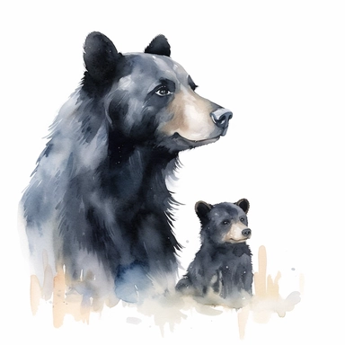 Watercolor relaistic animals, cute baby black bear with father clipart, white background, no caption, no text