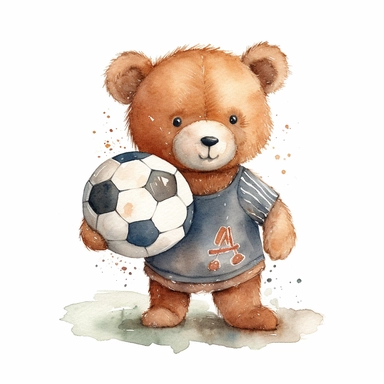 cute little teddy bear hugging a football, watercolor, children illustration, clipart