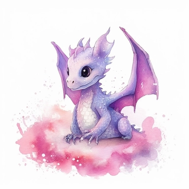 Watercolor fantasy baby dragon clipart full body, flying and sitting, pink and violet color palette, hand painted, white background