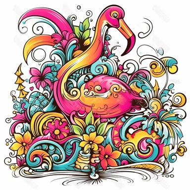 whacky vignette, vector retro summer clipart, bright colors, happy feeling, white background, smiley, flamingo, palm tree, wave, flower, thick black contour lines , cartooney, in the style of ed roth