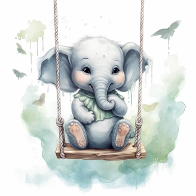 Create a watercolor illustration clipart of a playful cute Baby Elephant On the swing, with its full body visible. Use soft, flowing brushstrokes and a warm, inviting color palette to create an image that is both charming and whimsical. Incorporate intricate details like the motion of Baby Elephant On the swing to create a lifelike, realistic image. Can add other elements to the illustration like related item to play to create playful scene. Use white background to allow the watercolor textures 