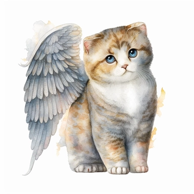 cute Scottish Fold cat with angel wings watercolor clipart on white background