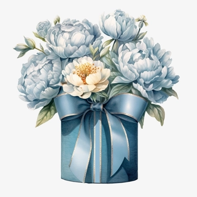 Watercolour realistic pastel blue peonies in flower bouquet box with delicate ribbon bow wrapped around it intricately realistically detailed pastel blue peonies, PNG image,transparent background ,ultra highly detailed, 18k, sharp focus, bright photo with vibrant colours, digitally enhanced,photographic, enhanced graphics, png format, straight, sharp focus, bright lighting, intricate detailed png image ,high definition,300dpi,graphic clipart,computer graphics