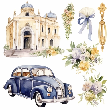 watercolor and pen wedding themed clipart, include bride and groom, vintage car, chapel, bouquet, high details, 8k,