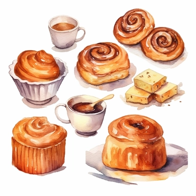 Watercolor cinnamon roll, illustrations clipart set, simple, soft colors, cartoon elements, different variants, bread from around the world, wooden elemnts, separate elements with a margin